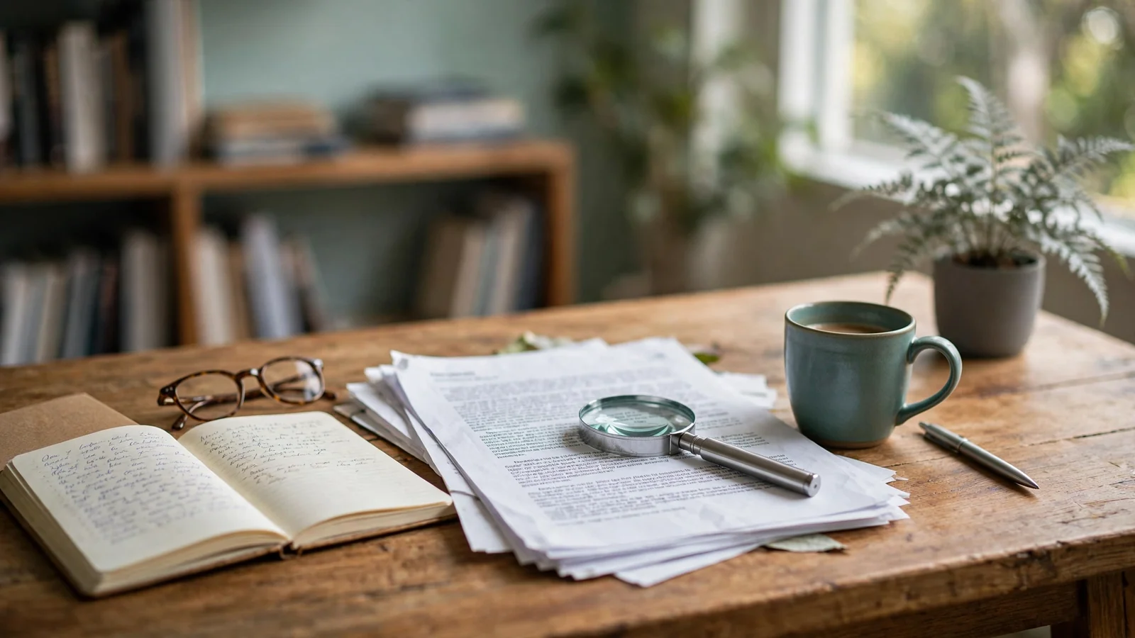 Desk with fine print documents under a magnifying glass in a New Zealand office
