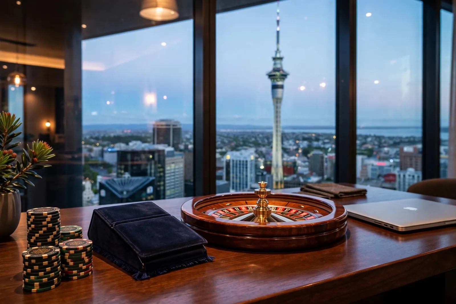 Casino chips, roulette wheel and closed laptop with Auckland Sky Tower skyline at dusk
