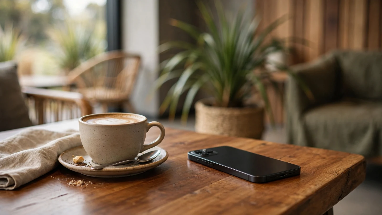 iPhone on a wooden table in a New Zealand lounge setting