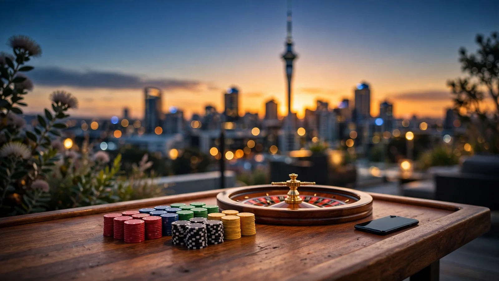 Auckland skyline at sunset with a casino table and smartphone in foreground