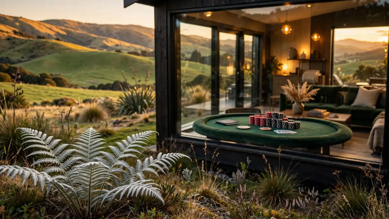 New Zealand hills with a poker table and casino chips through a window