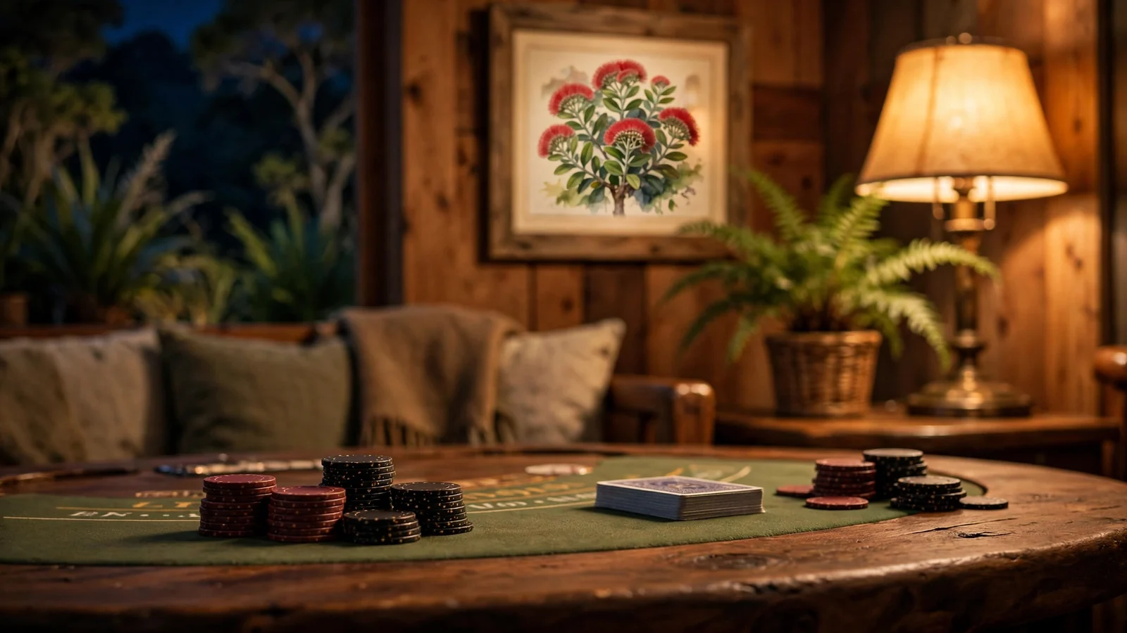 Blackjack table with chips and cards in a New Zealand lounge