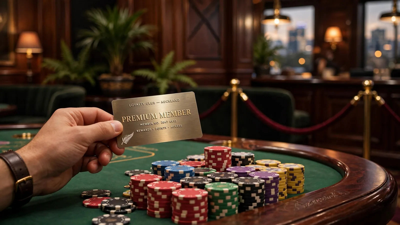 Player holding a premium loyalty card at a casino table in Auckland