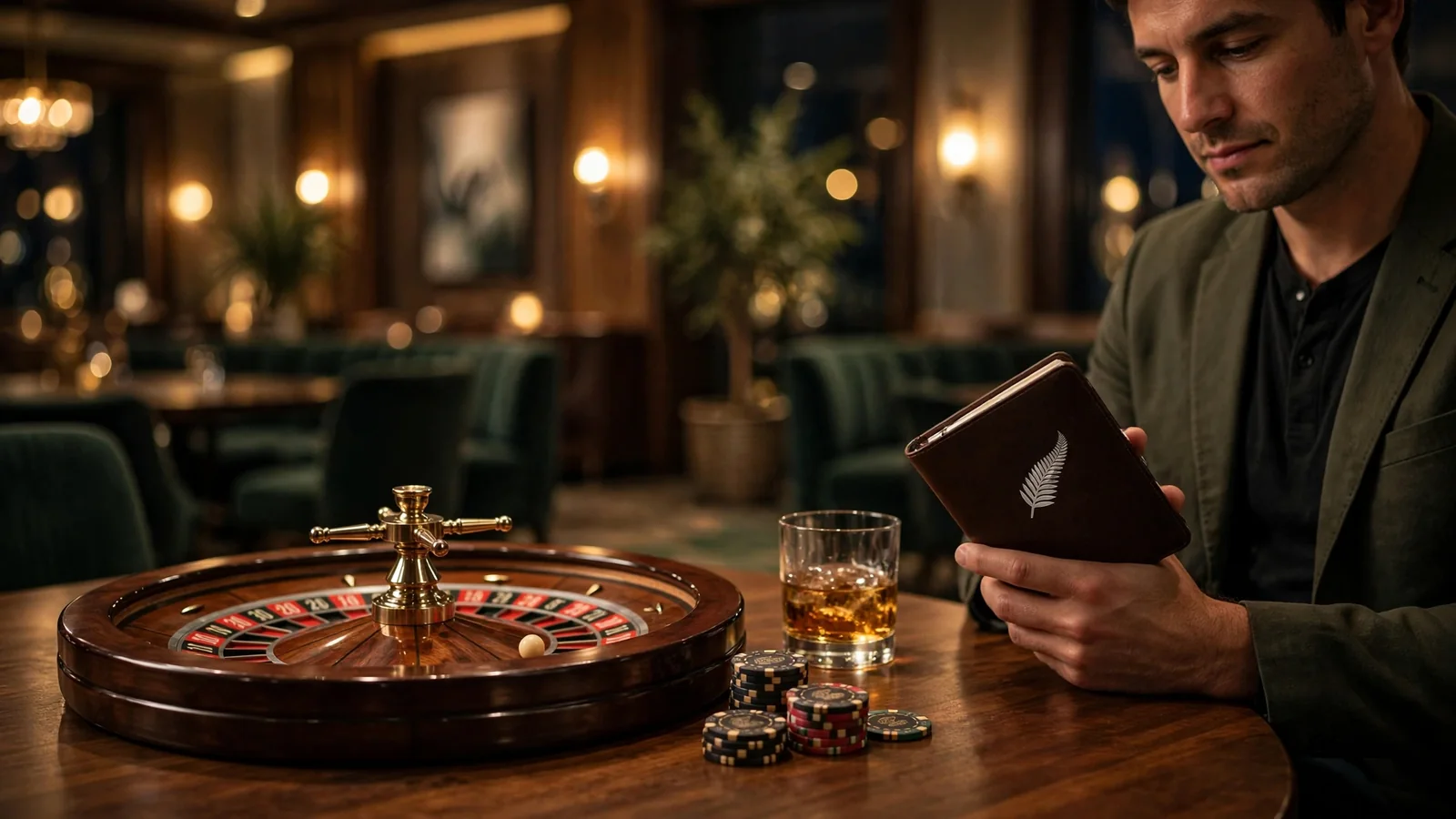 Casino table with roulette wheel, chips, and a strategy notebook in a New Zealand-themed lounge