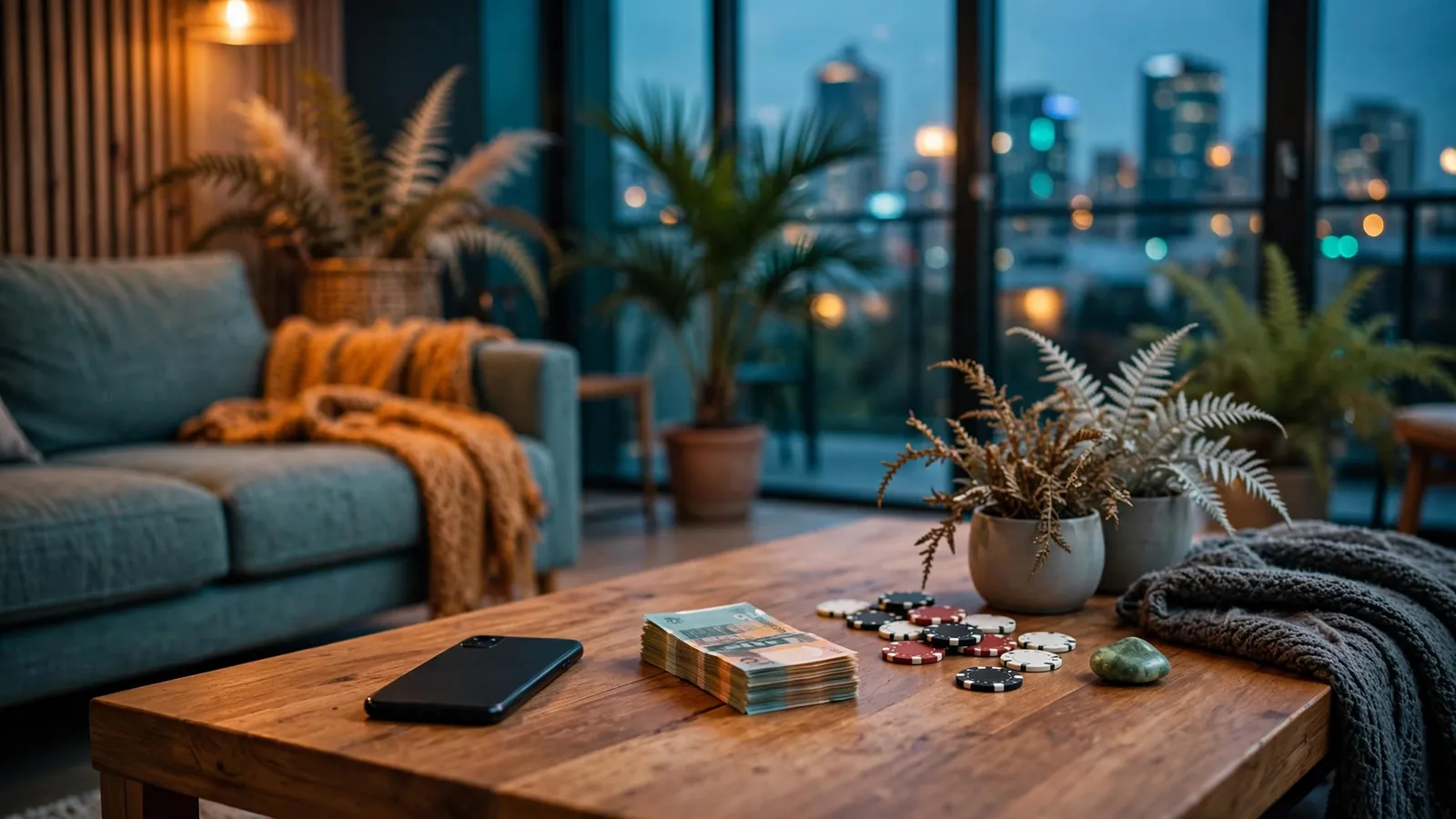 Smartphone, NZ dollars, and casino chips on a coffee table
