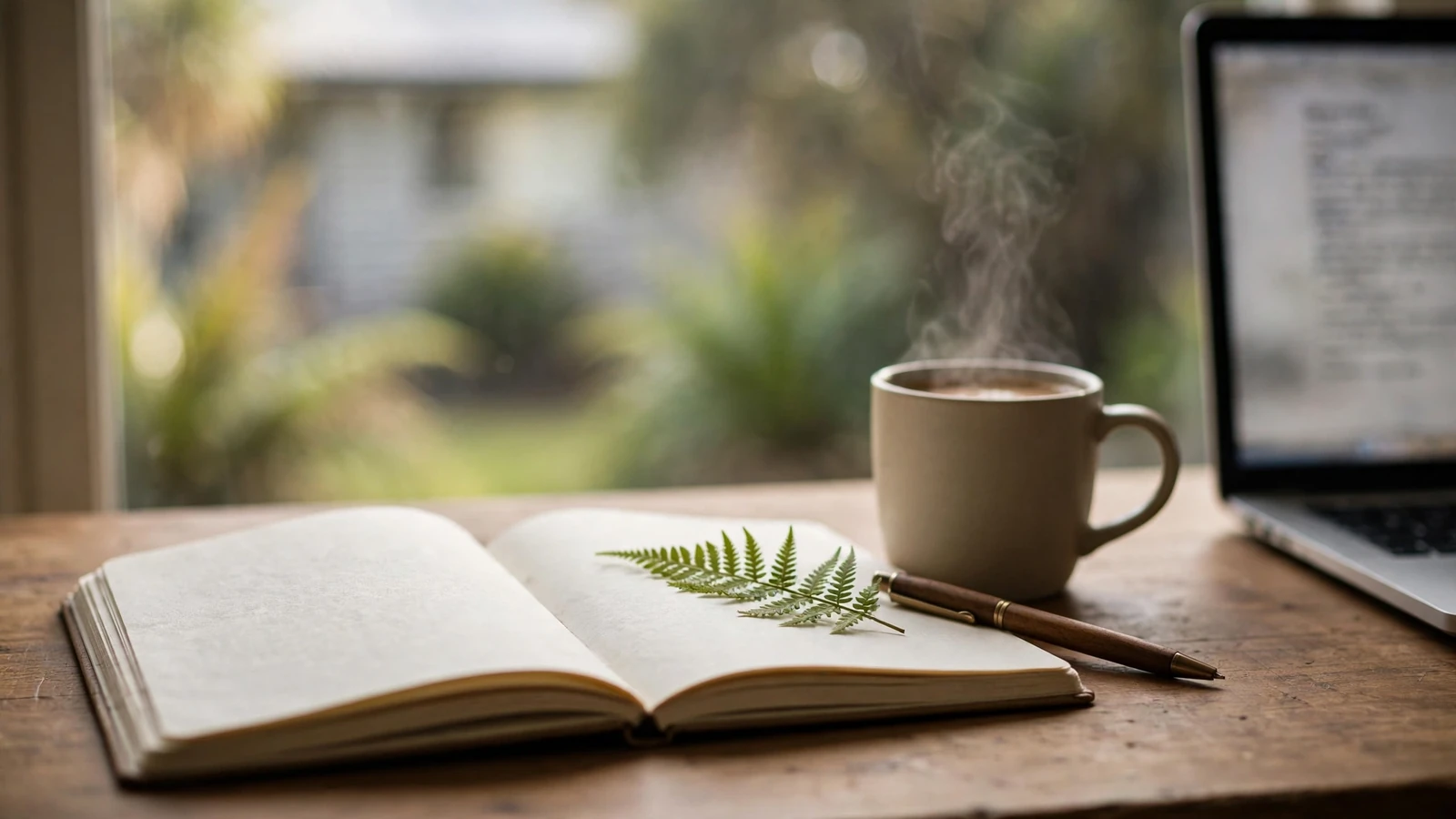 Notebook, coffee, and pen on a desk suggesting writing a contact email