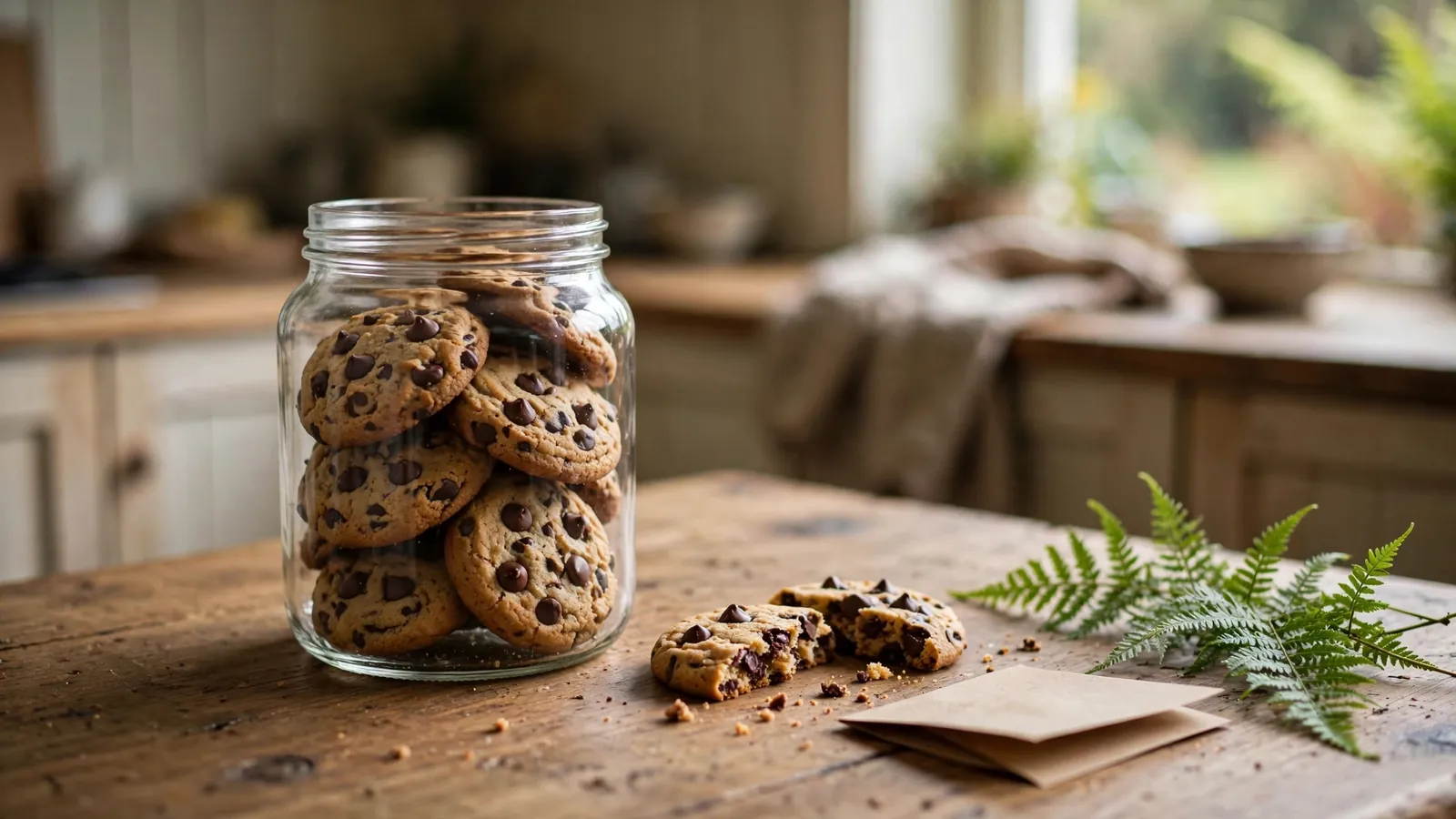 Glass jar of chocolate chip cookies on a wooden table with fern leaf
