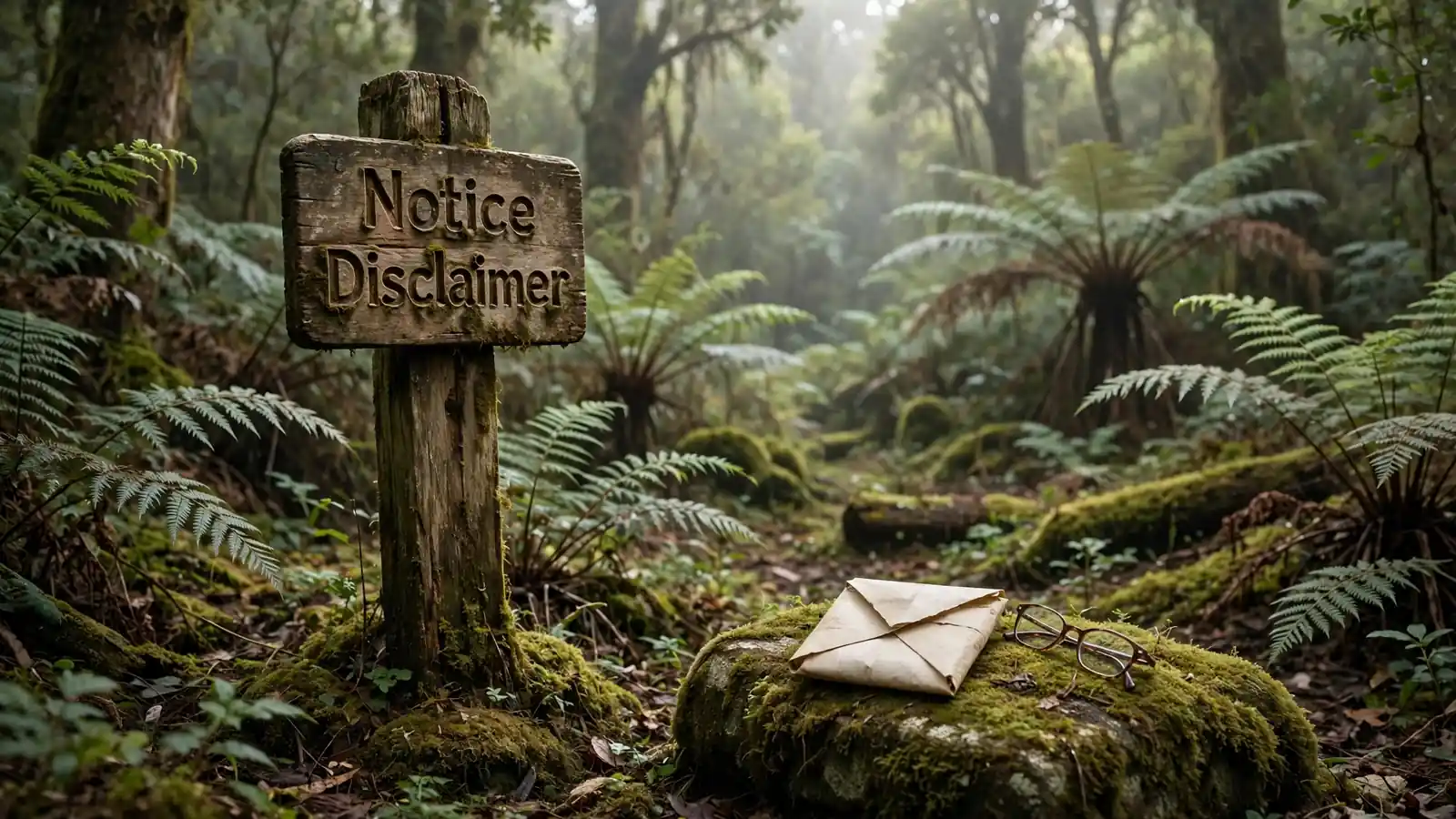 Disclaimer signpost in a misty New Zealand forest with reading glasses on stone