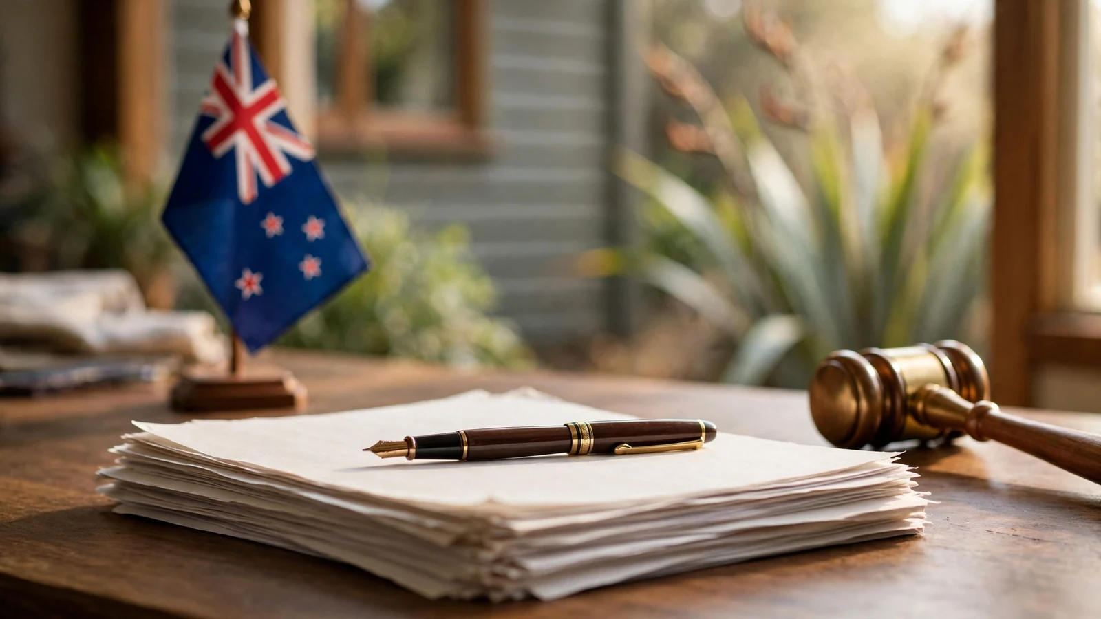 Legal documents and a gavel on a desk with a New Zealand flag