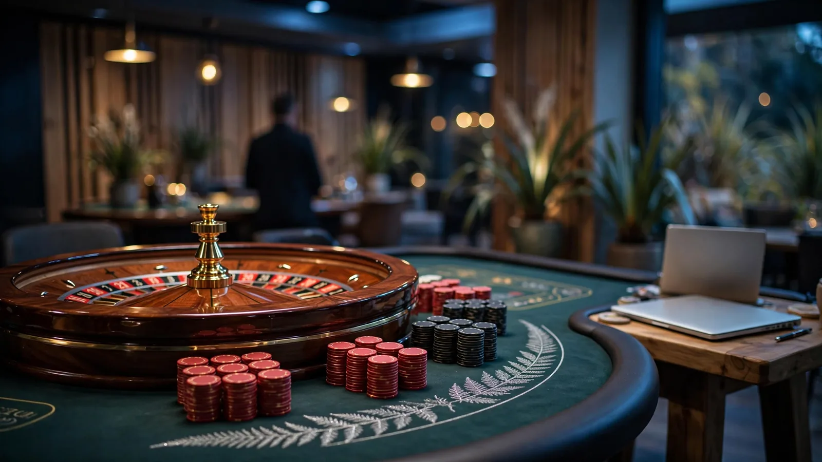 Elegant live roulette table with wheel and chips in moody casino lighting