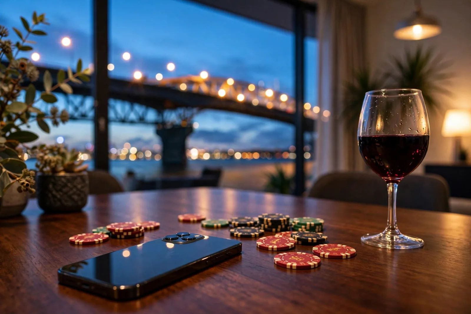 Smartphone on a table with Auckland skyline view and casino chips at dusk
