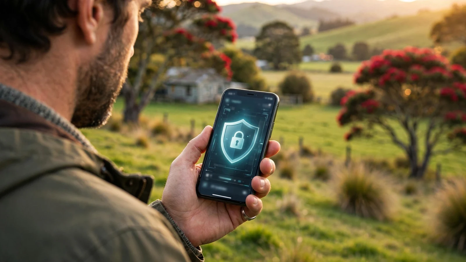 Person holding smartphone with glowing privacy shield in New Zealand countryside