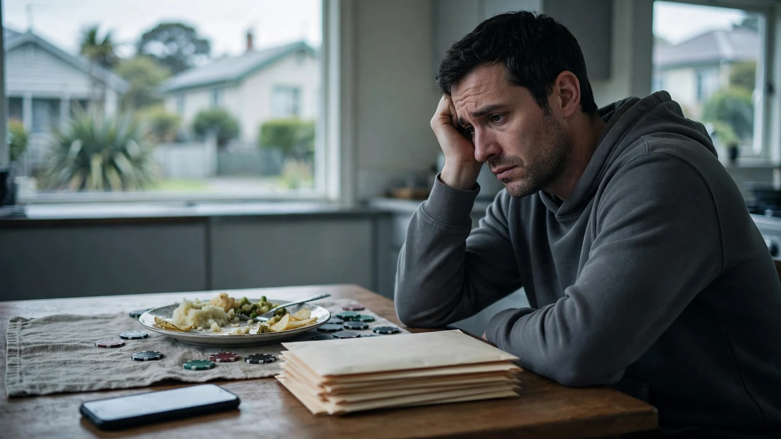 A worried person at a kitchen table surrounded by bills and poker chips in New Zealand