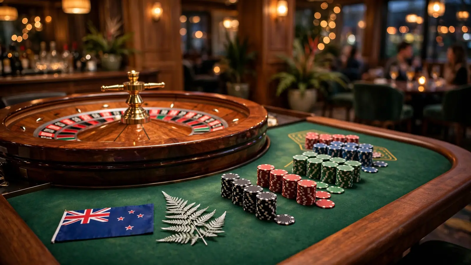 Casino roulette wheel with chips and a New Zealand flag