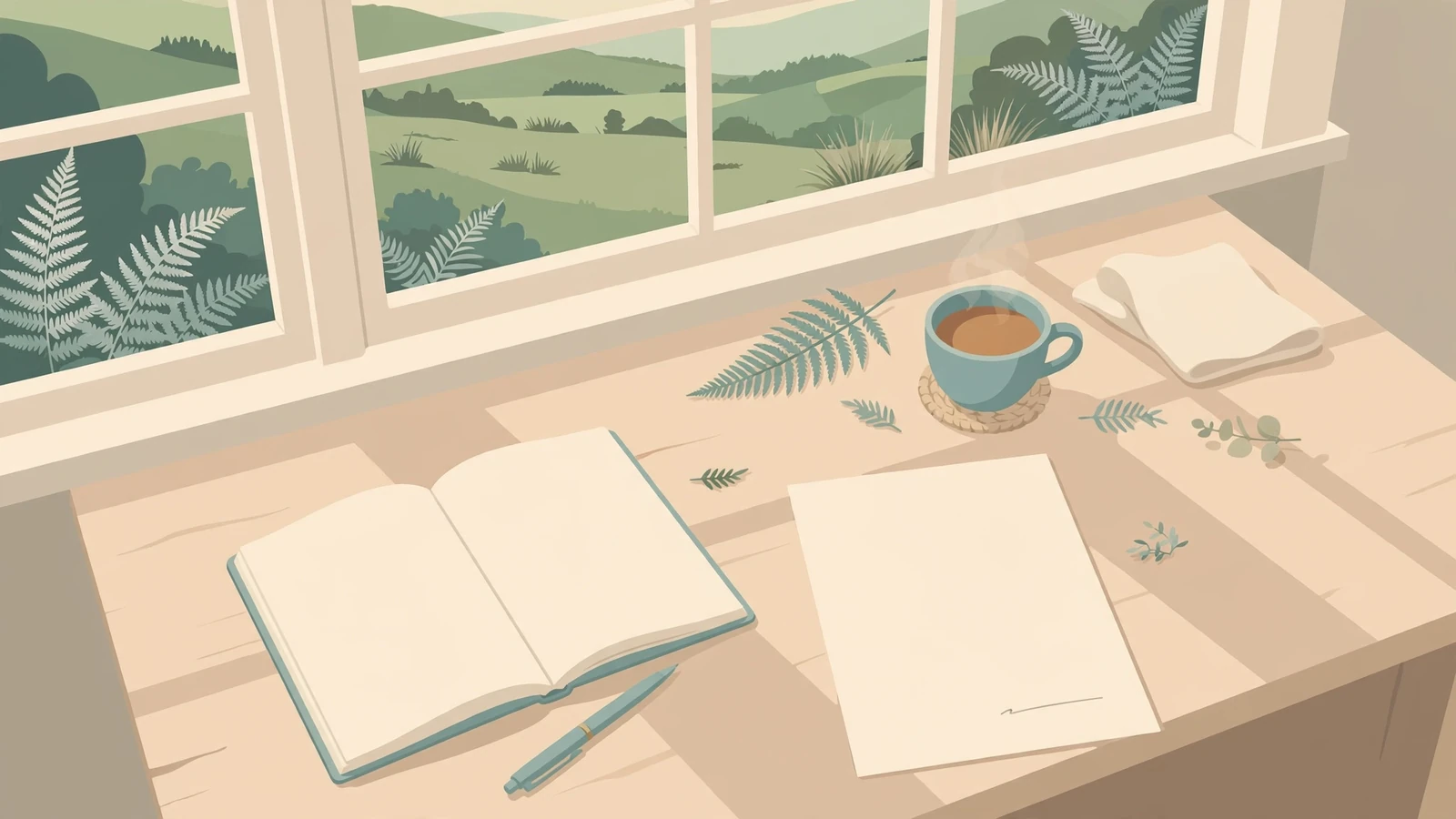 Notebook and signed document on a desk with New Zealand landscape outside the window